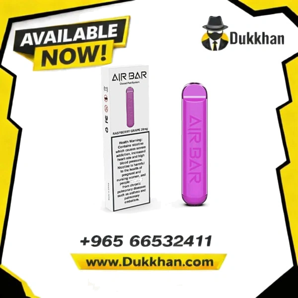 اير بار ديسبوسيبل عنب توت 1 Air Bar Disposable Raspberry Grape with smooth berry flavor and 20mg/45mg nicotine. Compact, ready-to-use vape ideal for Gulf vapers.